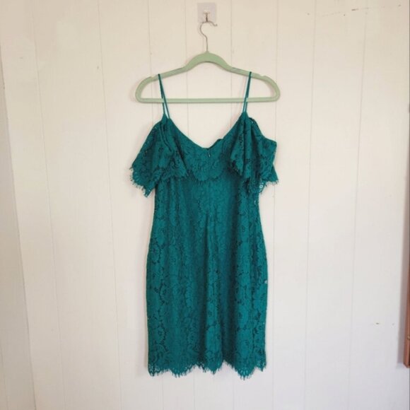 Ralph Lauren Lace Ruffle Off Cold Shoulder Dress Emerald Green Knee Length Party - Picture 6 of 14